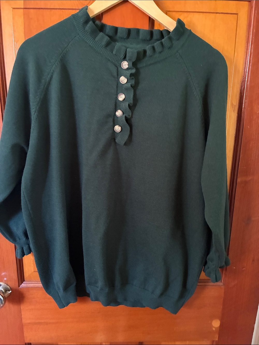 Dark Green Ruffle Henley Sweater - Women